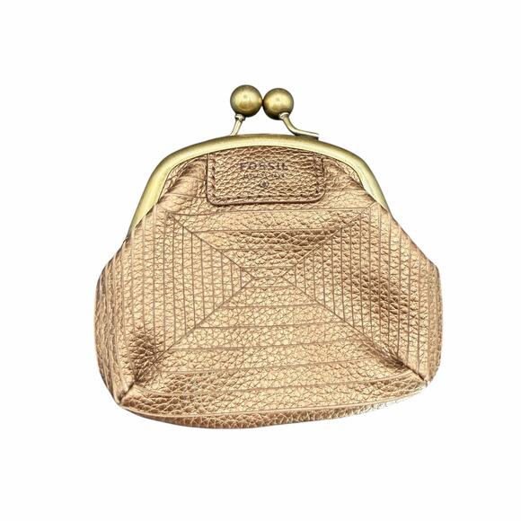 Fossil Metallic Leather Kiss Lock Coin Purse Wallet Brass Frame - Picture 2 of 12